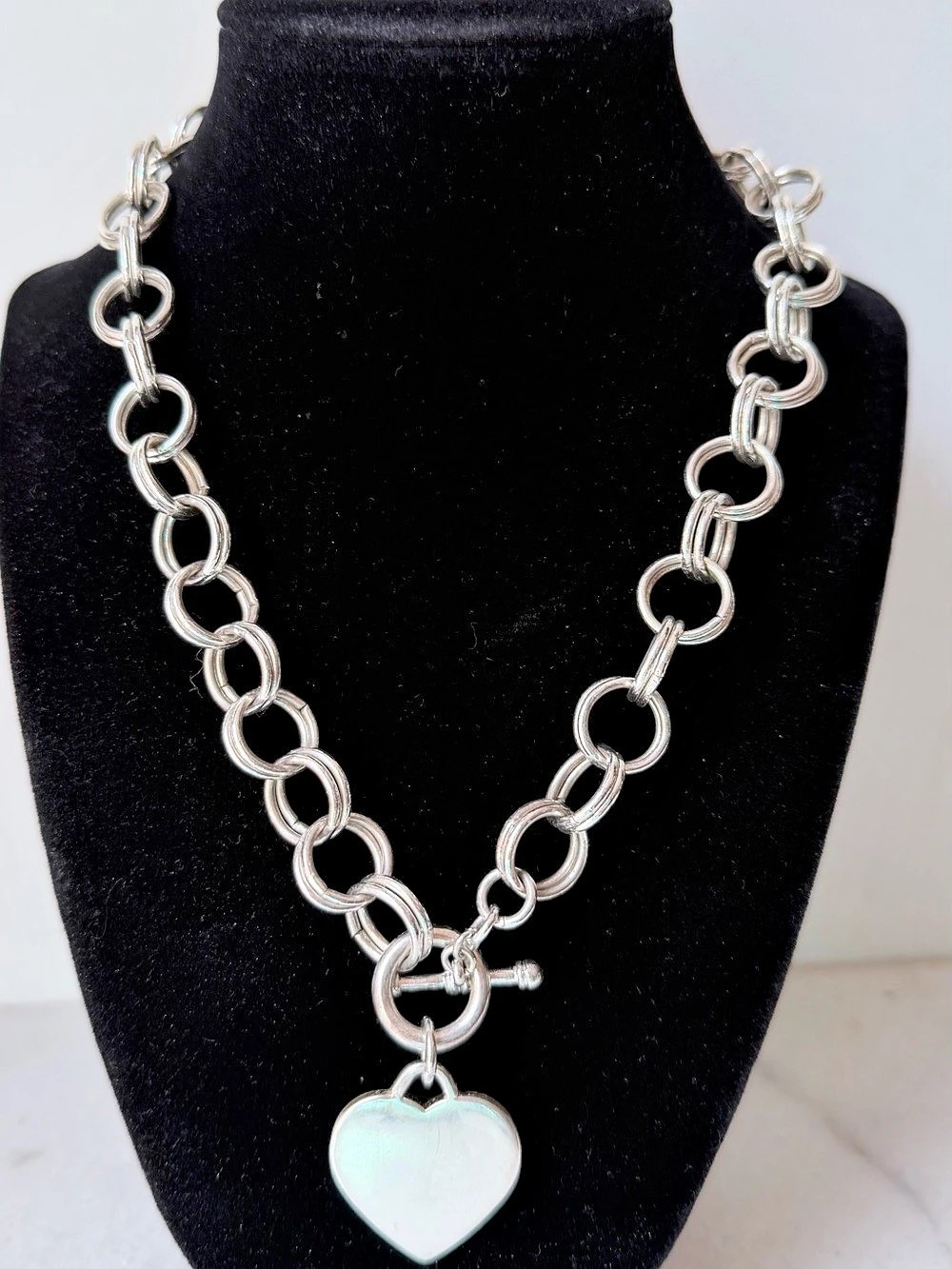 Chunky Silver Tone Multi-Link Chain Toggle Necklace with Blank Heart Tag Charm -